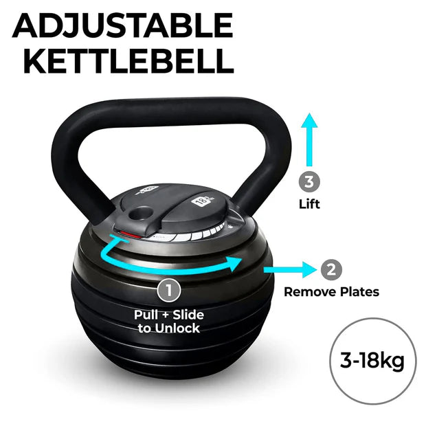 Adjustable kettlebell with instructions on how to use it, showing weight adjustment mechanism.