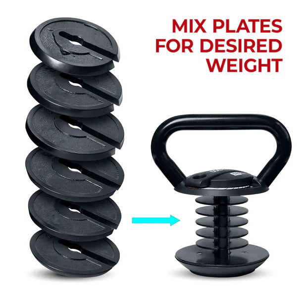 Black weight plates with a kettlebell, showing how to mix plates for desired weight.