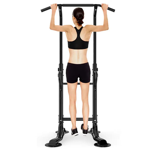 Black metal pull-up bar and weight rack on a white background