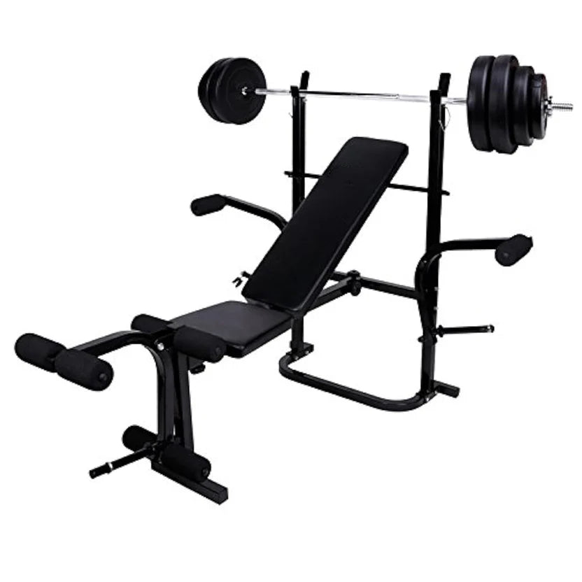 Black weight bench with adjustable components on a white background