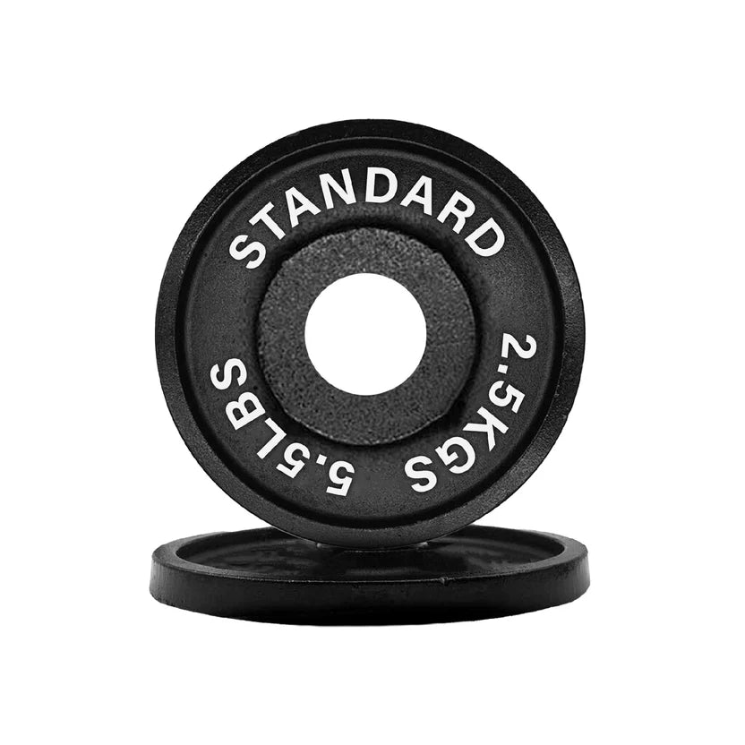 Black weight plate with 'Standard' and weight markings on a white background