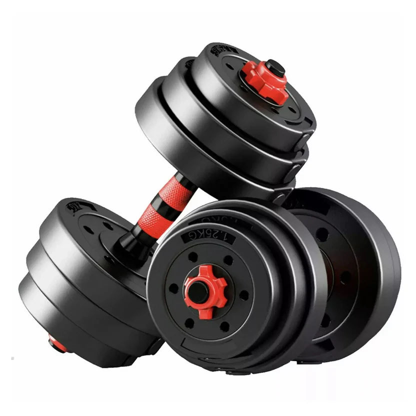 Pair of adjustable dumbbells with red accents on a white background