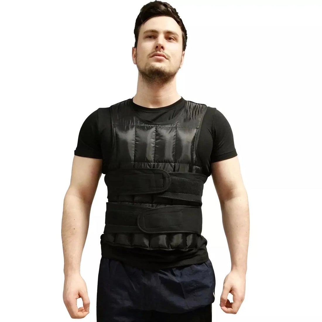 Black weighted vest on a white background