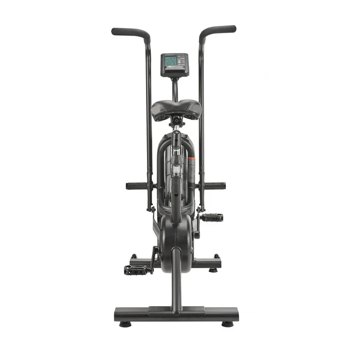 Black exercise bike with digital display on a white background