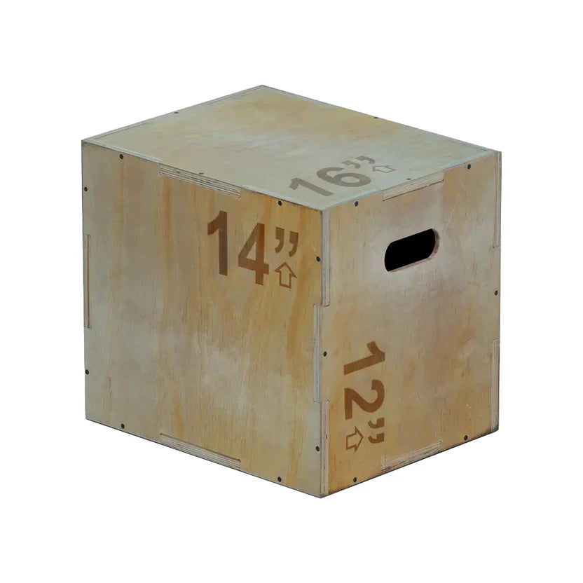 Set of four wooden exercise boxes with varying sizes and measurements on a white background