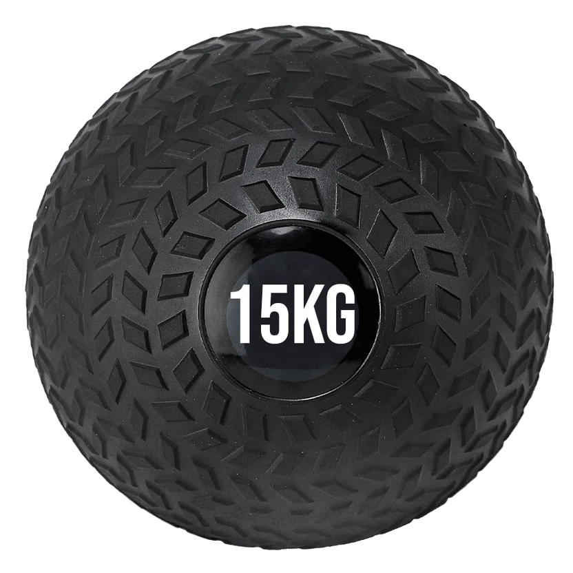 Black exercise ball with '15KG' marking on a white background