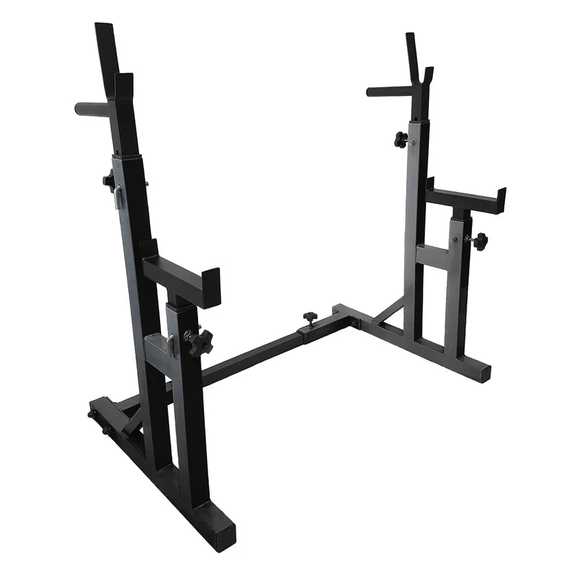 Black metal squat rack on a white background