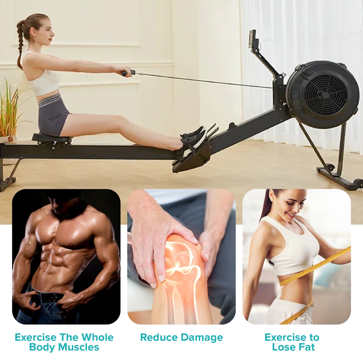 Foldable Air Resistance Rowing Machine – 10-Level Silent Rower with Aluminum Frame, Smart Display & Ergonomic Seat for Full-Body Home Workouts
