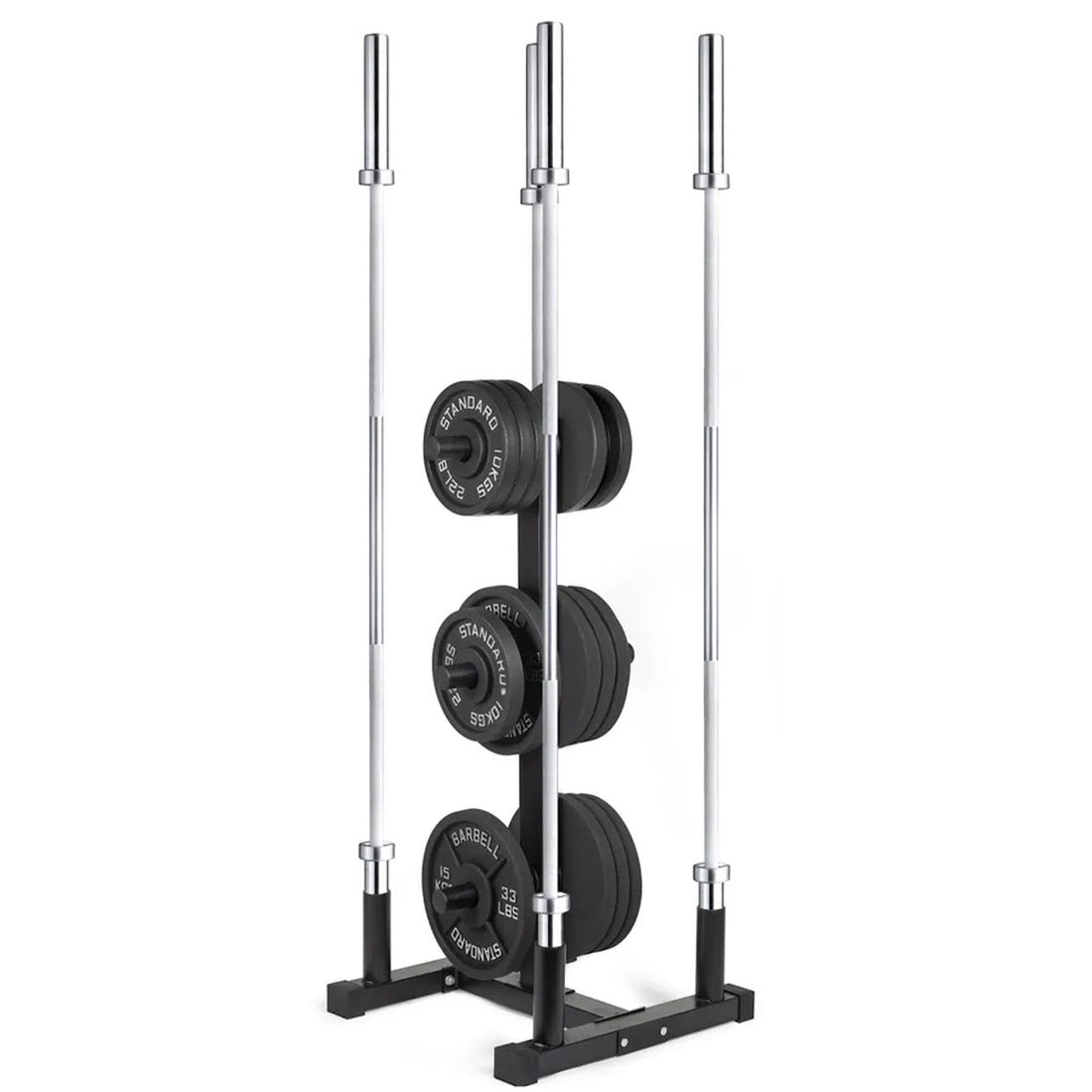 Olympic Weight Plate Tree with Barbell Holder – 3-Tier Steel Rack, 200kg Load, Space-Saving & Scratch-Resistant Design for Compact Home Gym Storage