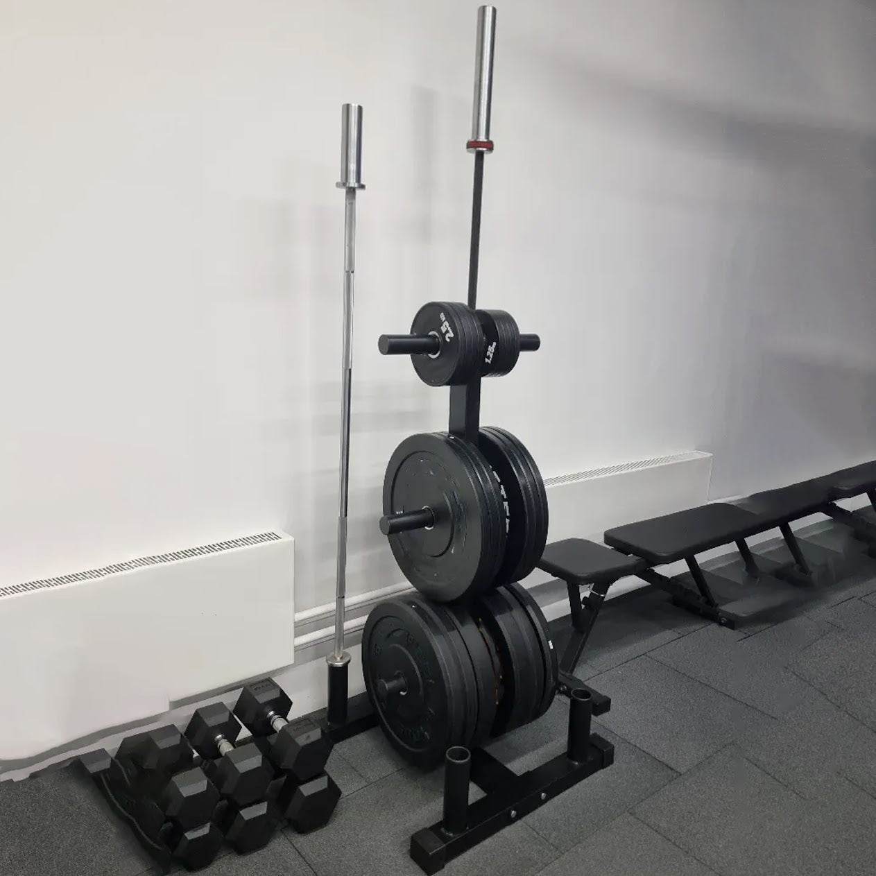 Olympic Weight Plate Tree with Barbell Holder – 3-Tier Steel Rack, 200kg Load, Space-Saving & Scratch-Resistant Design for Compact Home Gym Storage